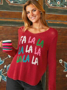 Wooden Ships FA LA LA Christmas Sweater Cotton V Neck Red Super Soft Relaxed XL
